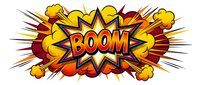 Comic book explosion with BOOM text in vibrant colors featuring dynamic burst effects and motion lines on white background for graphic design projects.