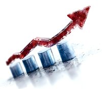 Red arrow trending upward over blue cylinder chart bars showing business growth and success on white background, financial concept visualization.