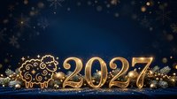 Elegant golden 2027 numerals with ornamental clock and snowflakes on dark blue background, perfect for New Year celebrations and holiday greeting cards.