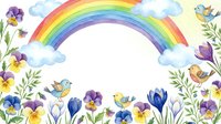 Watercolor rainbow with spring flowers and birds frame on white background. Colorful floral border with pansies, crocuses and cute songbirds for greeting cards.