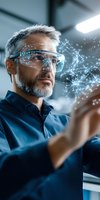 Mature professional wearing protective eyewear interacts with futuristic holographic interface displaying network connections and data visualization elements in laboratory setting.