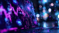 Stock market data visualization with neon pink and blue lights, financial chart analysis display with bokeh effect background showing trading statistics and market trends.