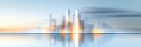 Minimalist cityscape reflection on calm water surface with golden sunset sky and modern skyscrapers creating mirror effect in soft pastel colors.