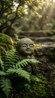 Stone Buddha statue surrounded by green ferns and moss in peaceful forest garden with warm sunlight filtering through trees creating serene meditation atmosphere.