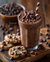 Chocolate milkshake topped with chocolate chips served with homemade cookies on rustic wooden background. Fresh dessert drink with paper straw and sweet treats.