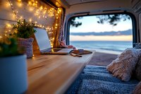 Cozy van interior with laptop workspace, fairy lights, and ocean view through window at sunset. Knit pillows and wooden desk create mobile office atmosphere.