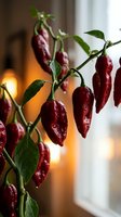 Fresh red chili peppers growing on plant with green leaves in warm sunlight by window for cooking and spice cultivation.