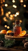 Honey bottle with fresh oranges and pine cones on wooden board against blurred Christmas lights background, creating cozy winter atmosphere for holiday season.