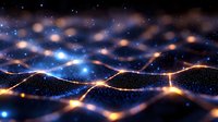 Abstract network of glowing orange and blue light waves flowing across dark background with sparkle effects and bokeh, representing digital connectivity and data flow.