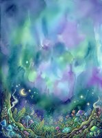 Ethereal aurora borealis dancing above enchanted forest landscape with glowing celestial lights, magical woodland plants and mystical night sky atmosphere for fantasy art projects.