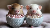 Two adorable piglets sitting in polka dot bowls filled with pink and white pearl beads, creating whimsical and charming decorative scene for greeting cards and social media.