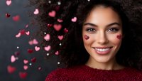 Young African American woman with curly hair and bright smile wearing red sweater against dark background with floating heart shapes and glitter effects.