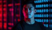 Young Asian male model in dark setting illuminated by dramatic red and blue neon lights, creating cyberpunk atmosphere for modern urban photography and advertising.