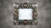 Steampunk mechanical frame with bronze gears and copper elements on dark background for industrial design projects and vintage themed artwork.