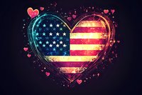 Heart shaped American flag with glowing neon effect surrounded by small pink hearts on dark background, patriotic love concept for Independence Day celebration.