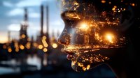 Double exposure silhouette profile merging with glowing urban nightscape, illuminated city lights and industrial architecture creating dreamy atmospheric composition.