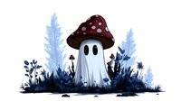 Whimsical ghost character with red spotted mushroom cap surrounded by blue fantasy forest flora and silhouetted wildflowers in watercolor style.