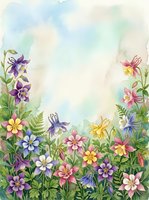 Watercolor wildflower border frame with columbine blooms and ferns on soft pastel background for spring greeting cards and botanical designs.