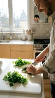 Middle-aged Caucasian man with beard chopping fresh parsley herbs on cutting board in modern kitchen. Home cooking and meal preparation concept.