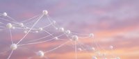 Abstract network connections with glowing nodes and lines against soft purple pink sunset sky background for technology and communication concepts.