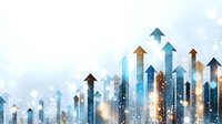 Business growth concept with upward arrows over modern city skyline showing success, progress and financial development for corporate presentations.