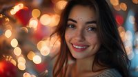 Young mixed race woman with beautiful smile and dark hair against blurred festive bokeh lights background, perfect for holiday season advertising and beauty concepts.