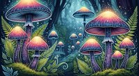 Glowing mushrooms with bioluminescent caps in mystical forest surrounded by ferns and magical woodland plants at night.