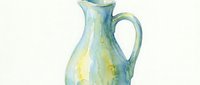 Vintage ceramic pitcher with soft blue and yellow glaze, featuring organic curves and a curved handle, suitable for home decor, tableware design, and antique styling projects.