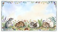 Watercolor woodland animals border frame with mice, hedgehog and dormouse among wildflowers, berries and ferns on textured paper background for nursery decor.