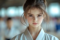 Young Caucasian female martial arts student in white gi uniform with brown belt at dojo training facility with focused determined expression.