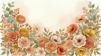 Watercolor floral border with roses, poppies, and greenery in warm earth tones, featuring a soft cream background with copy space.