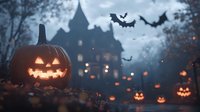 Glowing carved pumpkin in foreground with spooky haunted castle silhouette and flying bats against misty night sky, illuminated jack o'lanterns scattered on ground.