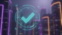 Futuristic holographic checkmark symbol with glowing cyan interface elements against blurred neon cityscape background for technology and verification concepts.