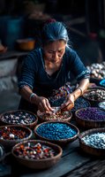 Asian woman artisan sorting colorful beads in wooden bowls at traditional craft workshop. Moody lighting highlights authentic craftsmanship and cultural heritage.