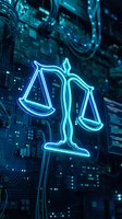 Glowing blue neon justice scales symbol over futuristic digital circuit board background representing legal technology and cyber law enforcement.