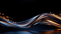 Elegant flowing curves in metallic blue and copper tones against black background create dynamic wave pattern with glowing light effects and bokeh elements.