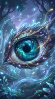 Mystical dragon eye with cosmic galaxy pupil surrounded by magical forest elements and glowing particles in fantasy art style for gaming and storytelling.