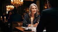 Elegant mature businesswoman smiling during dinner meeting in upscale restaurant with warm ambient lighting and chandeliers for corporate dining concepts.