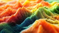 Vibrant multicolored abstract landscape with rolling peaks and valleys in rainbow gradient colors, featuring detailed topographic-style terrain with dramatic lighting effects.