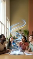 Diverse group of young professionals studying together with glowing DNA helix emerging from open book in modern office space for education and science concepts.