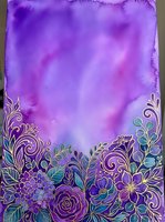 Vibrant purple watercolor background with ornate floral border featuring roses, scrollwork, and botanical elements in gold, teal, and deep violet tones.