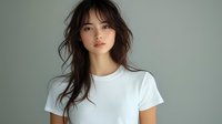Young Asian woman with long dark hair wearing white t-shirt against gray background. Natural makeup, casual modern style for fashion and beauty concepts.