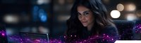 Young Hispanic woman working on laptop at night with magical purple light effects and bokeh, creating mystical professional atmosphere for business concept.