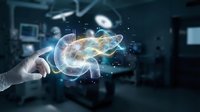 Medical professional holding holographic brain model with digital neural networks in modern healthcare technology laboratory setting for neuroscience research.