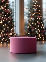 Pink round platform against blurred Christmas trees with bokeh lights background, creating festive holiday atmosphere for product photography and seasonal displays.
