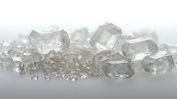 Crushed glass crystals and ice cubes scattered on white surface, suitable for beverage, culinary, and design projects.