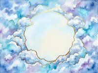 Watercolor cloud frame with golden border on white background. Dreamy sky border with fluffy clouds in blue and purple tones for greeting cards and invitations.