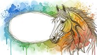 Watercolor horse head with flowing mane on rainbow splash background and white oval space for text or logo design elements.