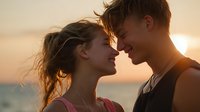 Young romantic couple sharing intimate moment at sunset beach, faces close together with golden sunlight creating dreamy atmosphere, wind blowing through hair.