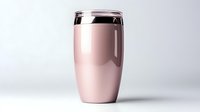 Elegant rose gold metallic travel mug with sleek modern design on light background, isolated stainless steel tumbler for mockup and branding projects.